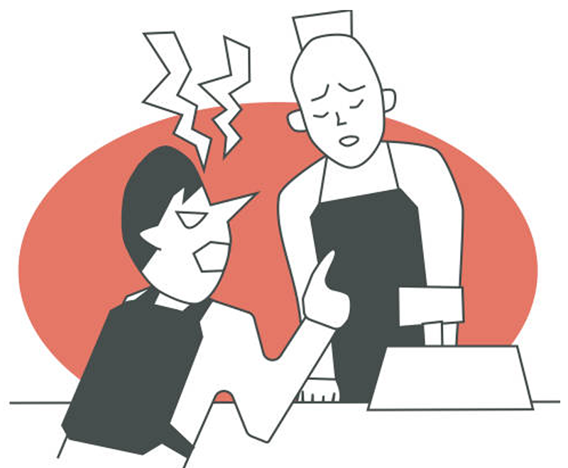 Image of an unhappy customer and an apologetic staff